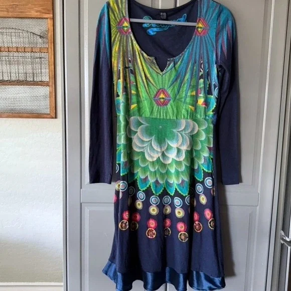 Desigual Women's Y2K Abstract Floral Print L/S A-Line Dress,‎ Navy Green, S - Picture 2 of 12